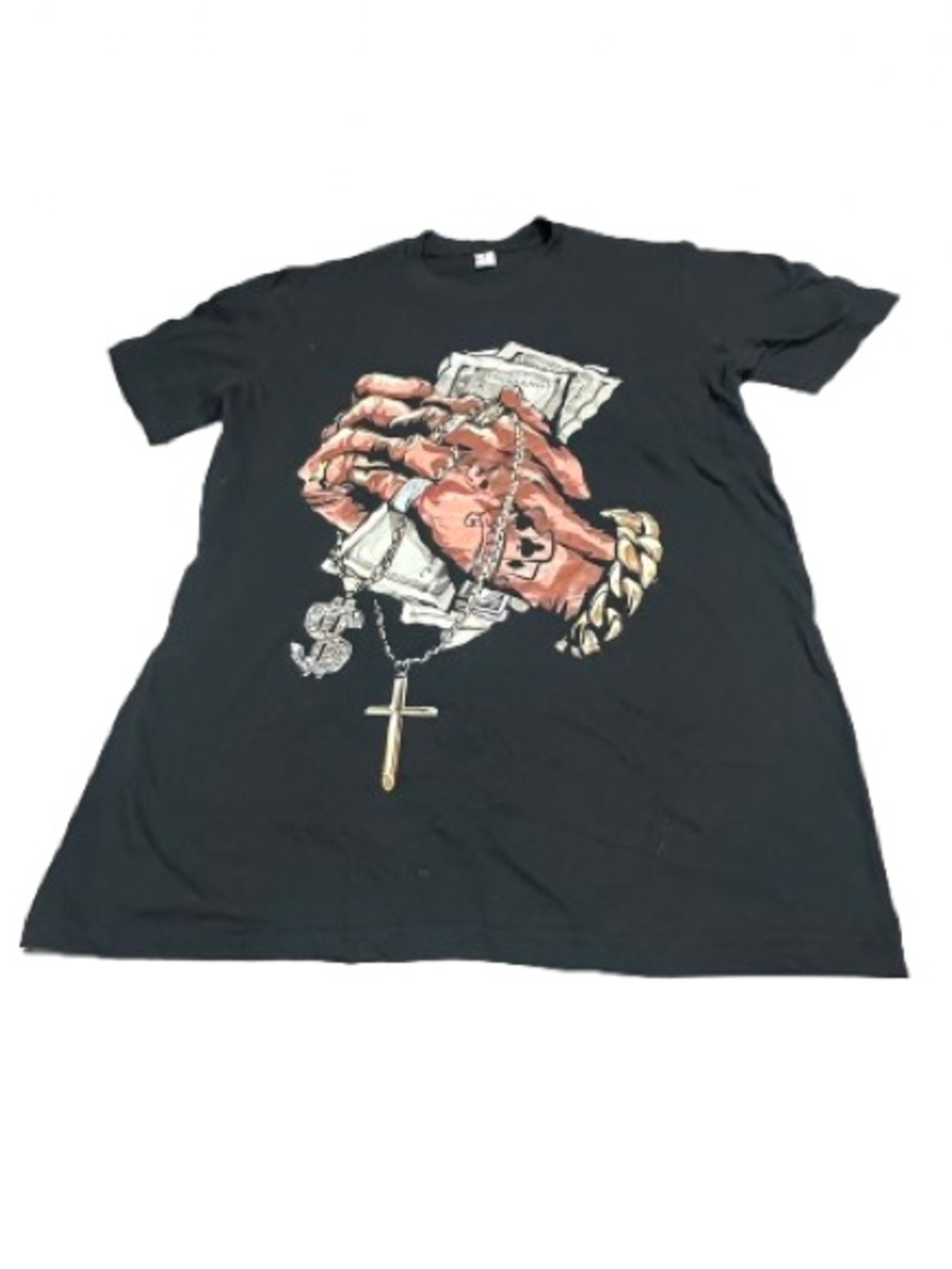 Black Graphic Crewneck T-Shirt with Money & Cross Print